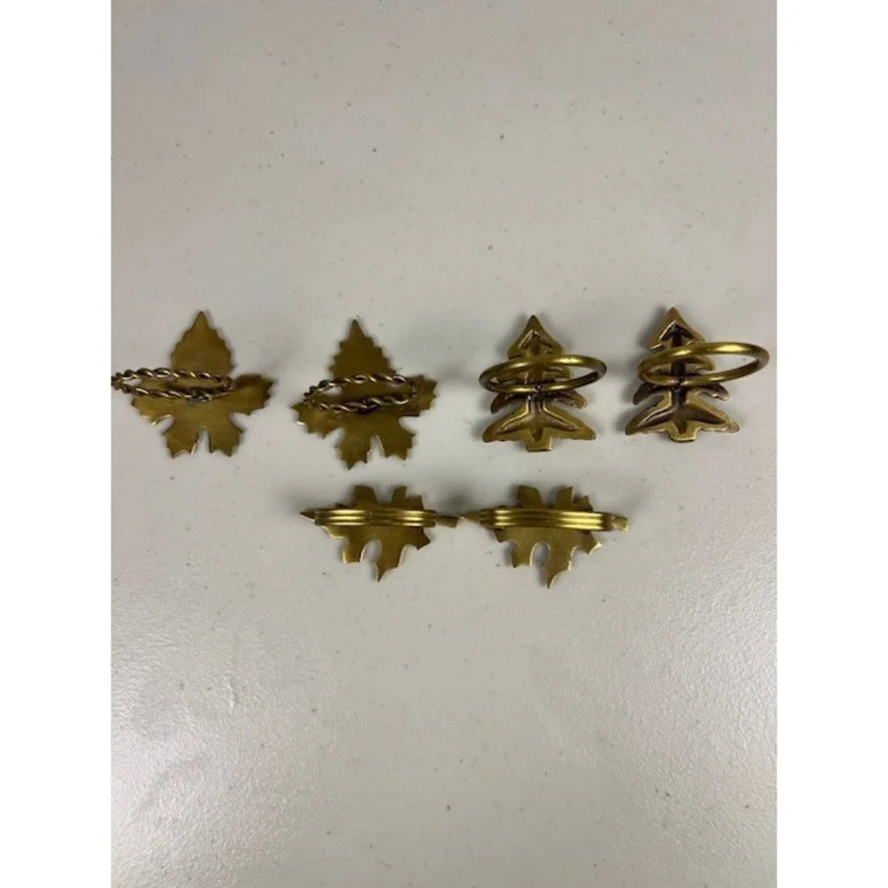 Vintage Brass‎ Napkin Rings Set of 6 Mixed Leaves and Christmas Trees Gold Tone